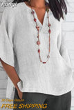 Quarter Sleeve Gray Vintage Office Top Retro Women Summer Solid V Neck Pullover Loose Casual Streetwear Femme Blouse