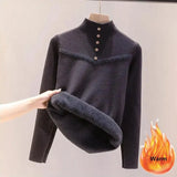 Women Winter Mock Neck Plush Lined Sweater Casual Thicken Warm Knit Tops Korean Slim Pullover Soft Plus Velvet Knitwear