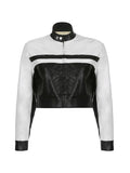 Women Gothic PU Leather Jacket Contrast Color Stand Collar Long Sleeve Zip-up Crop Top Bomber Coat Cool Racing