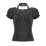 Fongt Pure Desire Girl Age Reduction Irregular Lace Splicing Short-Sleeved T-Shirt Design Bubble Sleeve Repair Body