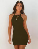 Fongt Spring And Summer Sexy Ribbed Small Halter Dress Solid Color Knit Show Thin Commuter
