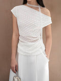 Fongt Desire Girl Wind Thin Slim See One Shoulder Design Ribbon Short-Sleeved Top Babes Reduce Age Thin One-On-Wear Blouse