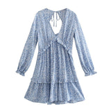 2021 Summer Women Blue Leopard Print Ruffles Dress Backless Long Sleeve Ladies Mini Dress Vestidos