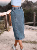 Side Slit Buttoned Denim Midi Skir-Outfit