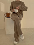 Sweaters Two-piece Hem Slit O-Neck Pullover Elegant Women's Sets Fashion Straight Wide Leg Pants Suits for Women