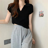 Fongt T-Shirt Women Summer New Short Net Red Hollow Knitted Shirt Full Set Thin Polo Collar Short Sleeve Top