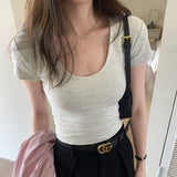 Version Of White U-Collar Slim Short-Sleeved T-Shirt Women's New Summer High-Waisted Slim And Thin