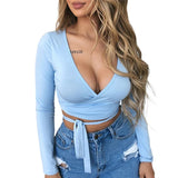 New Casual Basic Women T-shirts Long sleeve Deep V Neck Slim Fit Bandage Pullovers Solid Sexy Club Streetwear Tee