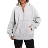Fongt Women's Pocket Half-Zip Loose Leisure Splicing Collar Plus Velvet