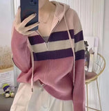2024 New Color Striped Double Zipper Hat Knitted Cardigan Women's Loose Thin Sweater Jacket-Outfit