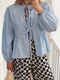 Women Shirts Long Sleeve Front Split Tie-up Loose Casual Solid Elegant Spring Fall Tops OL Solid/Striped Print Blouse-Outfit