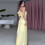 Fongt New Women's Wear Slanted Tie Flowers Simple Solid Color Elegant Long Dress