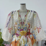 Small Fashion Summer Silk Shemp Print Deep V Collar Lantern Sleeve Dress Holiday Wind Short Skirt