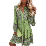 Fongt Women's Clothing 2025 Spring And Summer New Sen Series Large Size Women's Dress V-Neck Print Horn Sleeve Dress