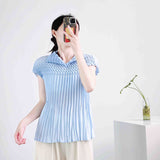 Fongt Folded Summer New High-End Pure Color Temperament Elegant Collar Short Sleeve Blouse Hand Folding Top