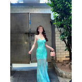 Fongt Green Butterfly Print Mesh Sling Dress Women Summer Seaside Holiday Pure Fishtail Ass Long