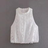 Summer Style Hollowed-Out Embroidered Sleeveless Blouse Loose Waist Embroidered Flute Skirt Suit-Outfit