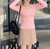 Ruffled Lace Trim Front Tie Long Sleeve Tee-Outfit
