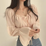 Vintage Lace-Up Square-Neck Puff Sleeve Blouse-Outfit