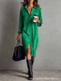 Fongt Women's Elegant Workwear Style Pocket Button Velvet Shirt Dress Dress