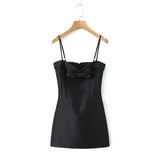 Satin Strap 3D Bow Solid Mini Dress-Outfit