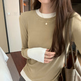 Collision Design Two Long-Sleeved T-Shirts Women's Autumn And Winter New Slim Cashmere Warm Bottomed Blouse-Outfit