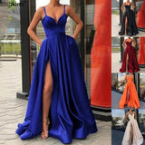 Women's Evening Wedding Party Dress Solid Elegant Side Slit A-Line Satin Sleeveless Straps Banquet Maxi Long Dress