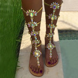 Flats Sandal Gladiator Gold Rhinestone Knee High Buckle Strap Woman Boots Crystal Beach Shoes Plus size