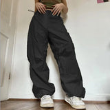 Joggers Tech Pants Women Vintage Hip Hop Low Waist Solid Baggy Trousers Y2K Streetwear Drawstring Wide Leg Cargo