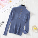 Pullover Women Sweater Autumn Knitted Button Long Sleeve Half Turtleneck Female Jumper Elastic Korean Fashion Blouse