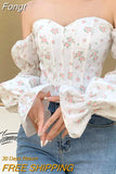 New Sweet Slash Neck Sexy Off Shoulder Blusas Mujer Korean Puff Long Sleeve Corset Autumn Print Elegant