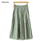 Spring Summer Printing Plaid Pattern Empire Elastic Women A-Line Two Color High Street Style