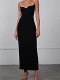 Women Sleeveless Strap Long Dress Black Patchwork V-neck Low Cut Slim Summer Party Back Split Dresses Female Vestidos-Outfit