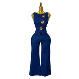Fongt Temperament Design Sense Metal Buckle Round-Neck Sleeveless Vest + High-Waist Broad-Legged Trousers Denim Set Of Women