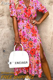 Winter Long Floral Print Dress Robe for Women 2023 Casual Long Sleeve Split Dress Female Boho Elegant Maxi Party