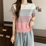 Fongt Gradient Striped T-Shirt Women's Summer New Oceanic Ice Silk Sleeve