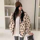 Fur Floral Print Zipper Jacket-Outfit
