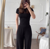 Fongt Summer New Women's Round Neck Solid Color Wide Leg Pants Temperament Commut Fashion Set