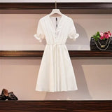 New Short Sleeve Women's Dress Large Size Stitching Fashion Tops V-neck Draw Back Cotton Korean Summer
