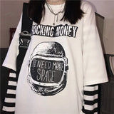Fake two pieces tshirt Casual Letter Printed O-Neck stripe Tees Patchwork oversized T-Shirts Women Long Sleeve black