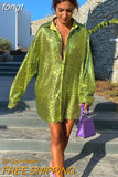 Blouses Long Sleeve Top Sequin Shirts Women Y2K Solid Shirt Autumn Winter 2023 Chic Streetwear Green V Neck