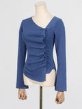 Fongt 2025 Autumn New Temperament Folding Irregular Oblique Shoulder Design Long-Sleeved Knitted Top Woman
