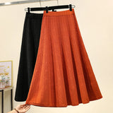 Winter Women thick sweater skirt Elastic High Waist Pleated Midi knitted Skirt female solid elegant