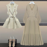 Size Office Ladies Elegant Dress Suits 2022 Spring Long Sleeve Pleated Dresses And Double Breasted Vest Two Piece Set