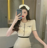 Fongt Summer New Korean Version Of The New Temperament Small Fragrant Fashion Slim Slimming High-Waist Short-Sleeved