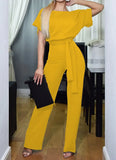 Casual Short Sleeve Solid Color Playsuit Round Neck High Waist Elegant Lace-up Jumpsuit Romper 2020 top Women's
