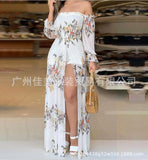 New Women's Wear E-Commerce Wish Plant Print Shoulder Dress-Outfit