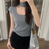 Sense Hanging Neck Shoulder Sleeveless Knitted Shirt Spring New Slim High Waist Short Vest Bottomed