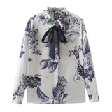 Bowknot Satin Printed Shirt In Spring And Summer-Outfit