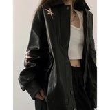 Vintage Embroidered Star Pu Leather Jacket-Outfit